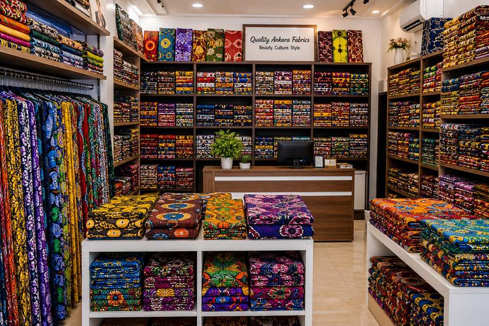 Inside Ankara House, shelves stacked with colourful wax print fabrics